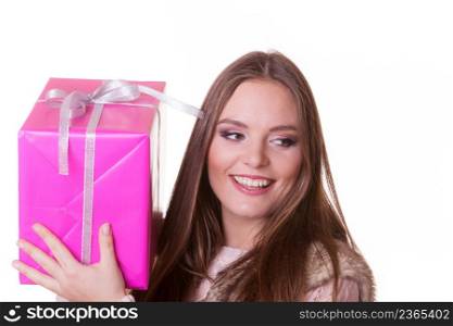 Pretty happy woman with pink rose box gift isolated on white. Christmas xmas winter time season concept.. Pretty woman with pink box gift. Christmas holiday