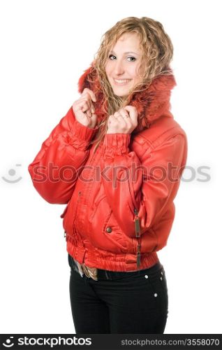 Pretty joyful blonde in red jacket with hood. Isolated on white