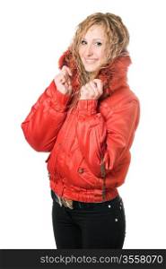 Pretty joyful blonde in red jacket with hood. Isolated on white