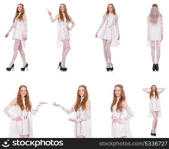Pretty lady in light charming dress isolated on white