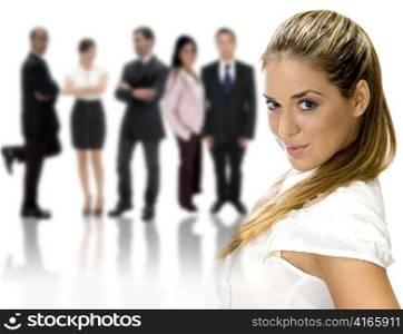pretty lady standing near business group on an isolated white background