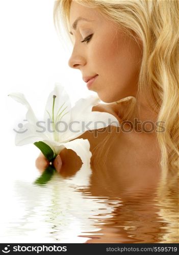 pretty lady with madonna lily in water