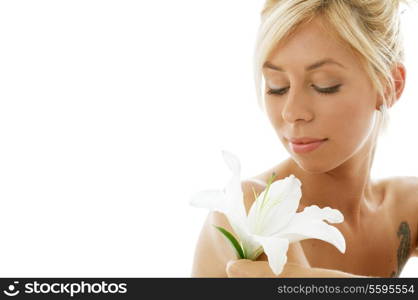 pretty lady with madonna lily over white background