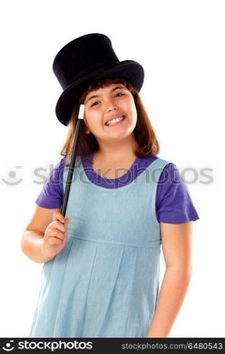 Pretty little girl doing magic with a top hat and a magic wand . Pretty little girl doing magic with a top hat and a magic wand isolated on a white background