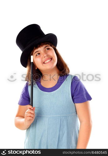 Pretty little girl doing magic with a top hat and a magic wand . Pretty little girl doing magic with a top hat and a magic wand isolated on a white background