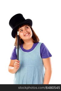 Pretty little girl doing magic with a top hat and a magic wand . Pretty little girl doing magic with a top hat and a magic wand isolated on a white background