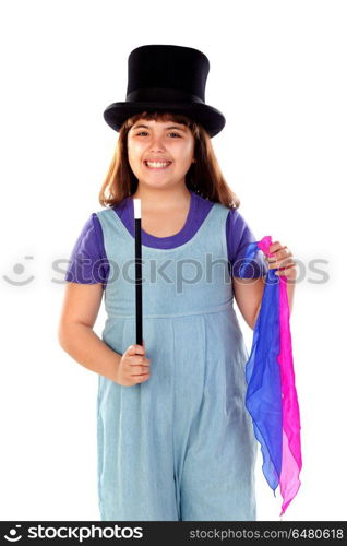 Pretty little girl doing magic with a top hat and a magic wand . Pretty little girl doing magic with a top hat and a magic wand isolated on a white background