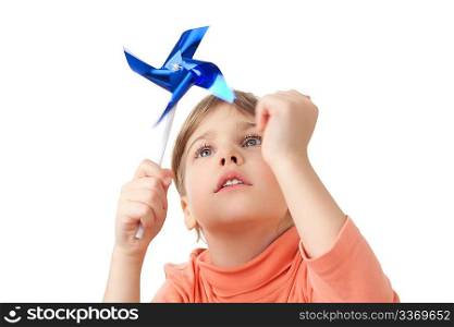 pretty little girl plays with toy propeller stick isolated on white background
