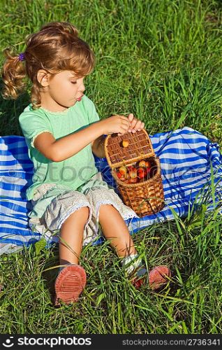 pretty Little Girl will get from basket sweet cherries in garden
