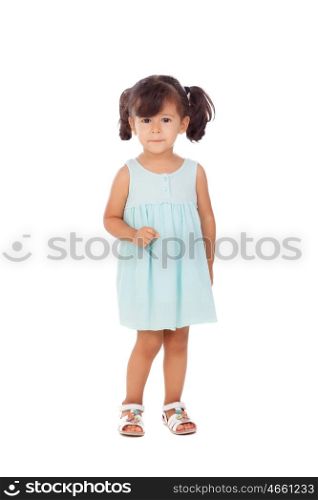 Pretty little girl with blue dress isolated on a white background
