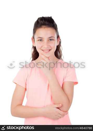 Pretty little girl with blue eyes thinking isolated on a white background