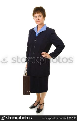 Pretty, mature businesswoman with her briefcase. Full body isolated on white.
