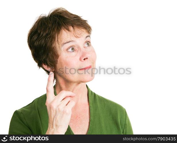 Pretty middle-aged woman has a bright idea. Isolated on white.