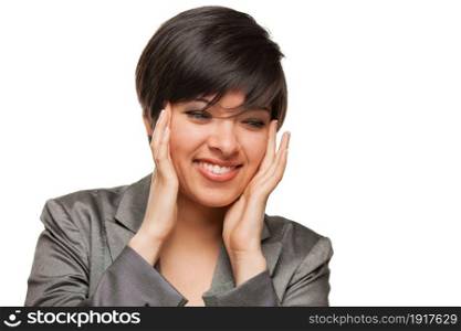 Pretty Mixed Race Girl Framing Her Face with Her Hands Isolated Against White Background.. Pretty Mixed Race Girl Framing Her Face with Her Hands Isolated Against White Background.