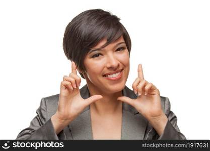 Pretty Mixed Race Girl Framing Her Face with Her Hands Isolated Against White Background.