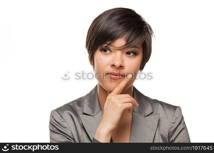 Pretty Mixed Race Girl Looking To The Side Isolated Against White Background.