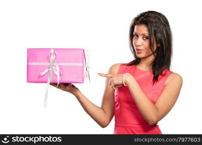 Pretty mixed race woman with box gift. Christmas. Pretty mixed race woman with pink rose box gift isolated on white. Christmas xmas winter time season concept.