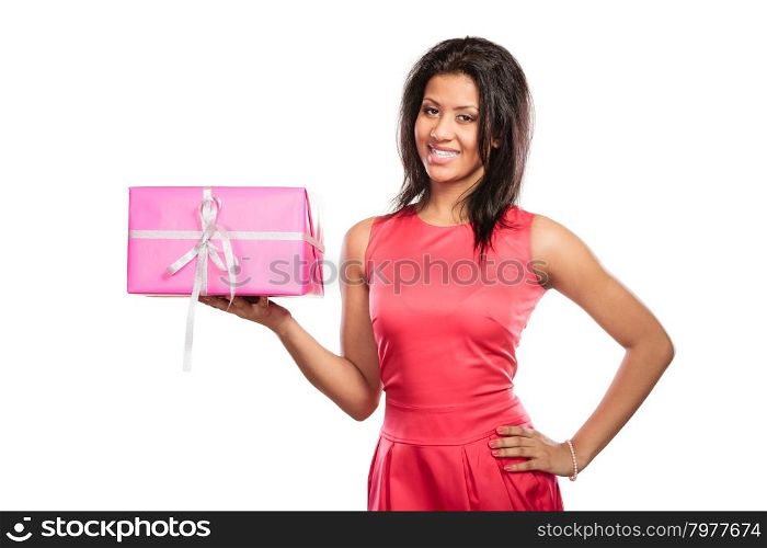 Pretty mixed race woman with box gift. Christmas. Pretty happy mixed race woman with pink rose box gift isolated on white. Christmas xmas winter time season concept.
