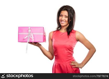 Pretty mixed race woman with box gift. Christmas. Pretty happy mixed race woman with pink rose box gift isolated on white. Christmas xmas winter time season concept.