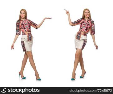 Pretty model in clothes with carpet prints isolated on white