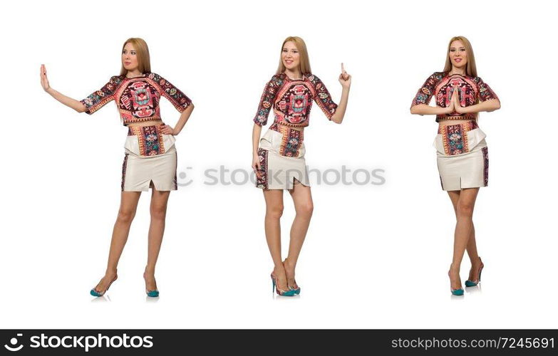 Pretty model in clothes with carpet prints isolated on white