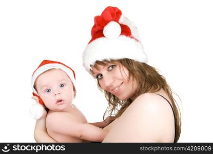 Pretty mommy santa and her baby Santa boy on a white