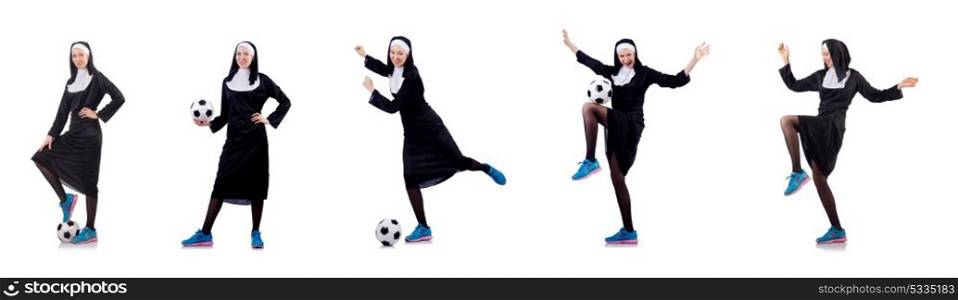 Pretty nun with football ball isolated on white