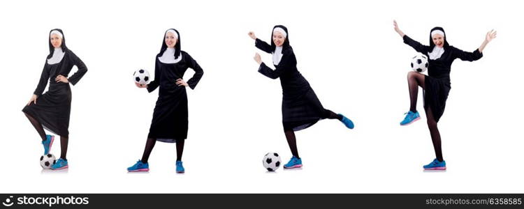 Pretty nun with football ball isolated on white