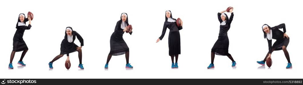 Pretty nun with rugby ball isolated on white