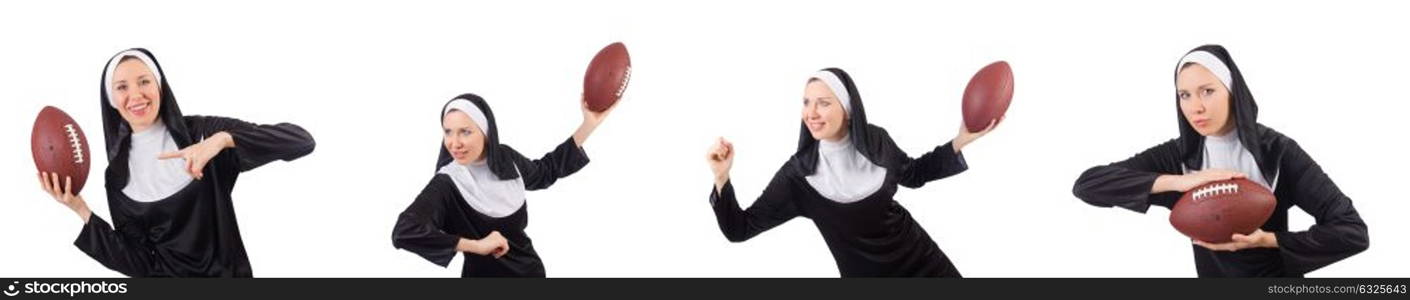 Pretty nun with rugby ball isolated on white