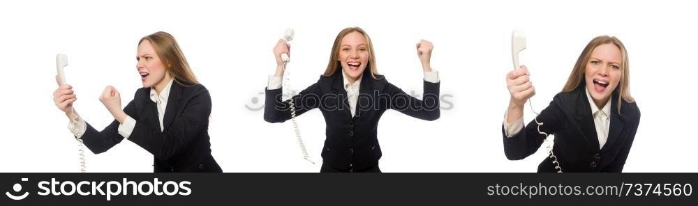 Pretty office employee holding phone isolated on white