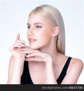 Pretty personable beautiful woman portrait with perfect smooth clean skin and natural makeup portrait in isolated background. Hand gesture with expressive facial expression for beauty model concept.. Personable beautiful woman with alluring perfect smooth and clean skin portrait.