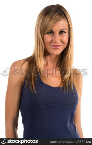 Pretty petite blonde woman in a blue dress