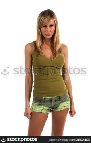 Pretty petite blonde woman in an olive green tank top