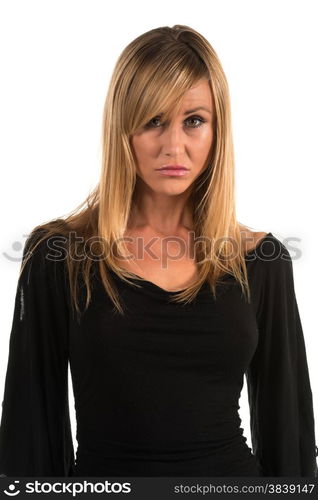 Pretty petite blonde woman in black long sleeved blouse