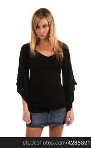 Pretty petite blonde woman in black long sleeved blouse