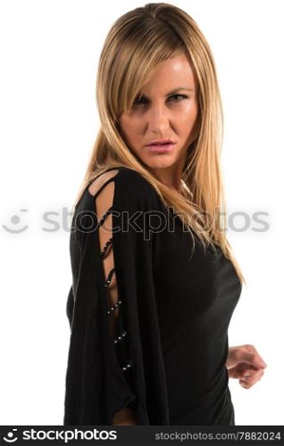 Pretty petite blonde woman in black long sleeved blouse
