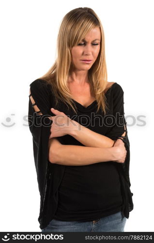 Pretty petite blonde woman in black long sleeved blouse