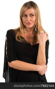 Pretty petite blonde woman in black long sleeved blouse