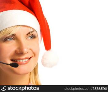 Pretty phone operator in Santa hat isolated over white