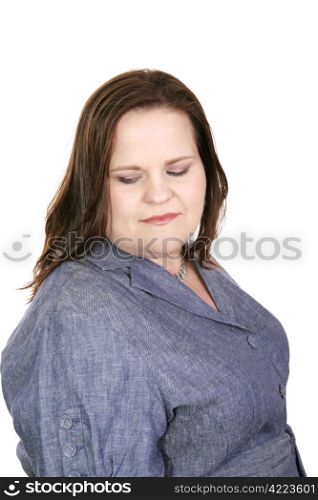 Pretty plus sized model suffering from doubt and insecurity. Isolated on white.