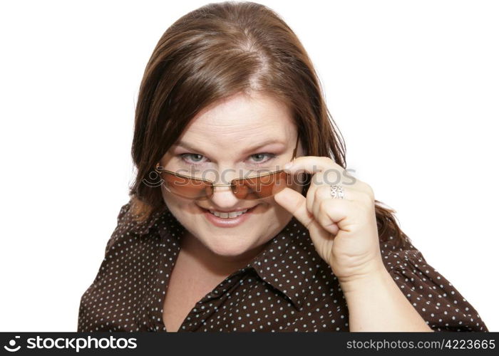 Pretty plus sized model wearing stylish sunglasses. White background.