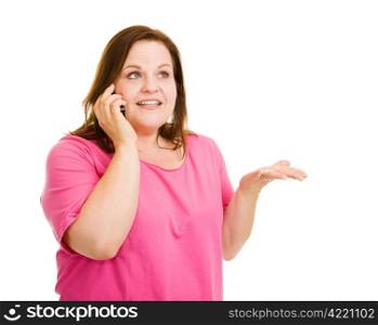 Pretty plus sized woman having an interesting conversation on her cell phone. Isolated on white.