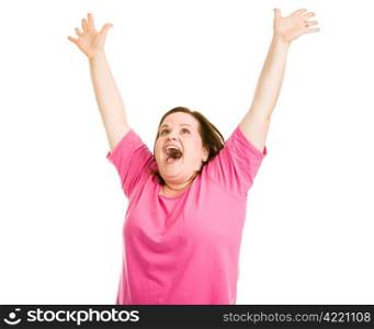 Pretty plus sized woman raising her arms in ecstasy. Isolated on white.