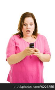 Pretty plus-sized woman reacting with shock to a text message she received. Isolated on white.