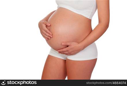 Pretty pregnant woman belly in underwear caressing her baby isolated on white background&#xA;