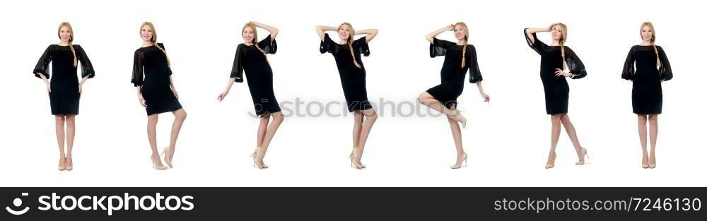 Pretty pregnant woman in black dress isolated on white. The pretty pregnant woman in black dress isolated on white