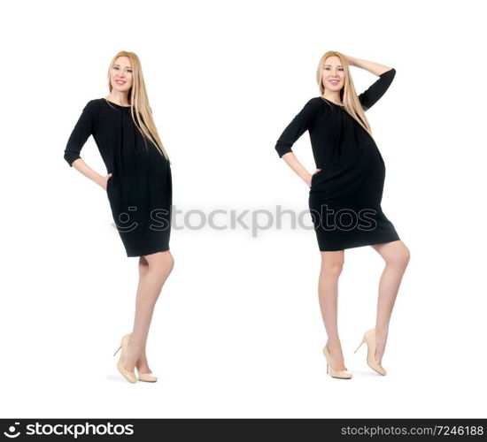 Pretty pregnant woman in mini black dress isolated on white