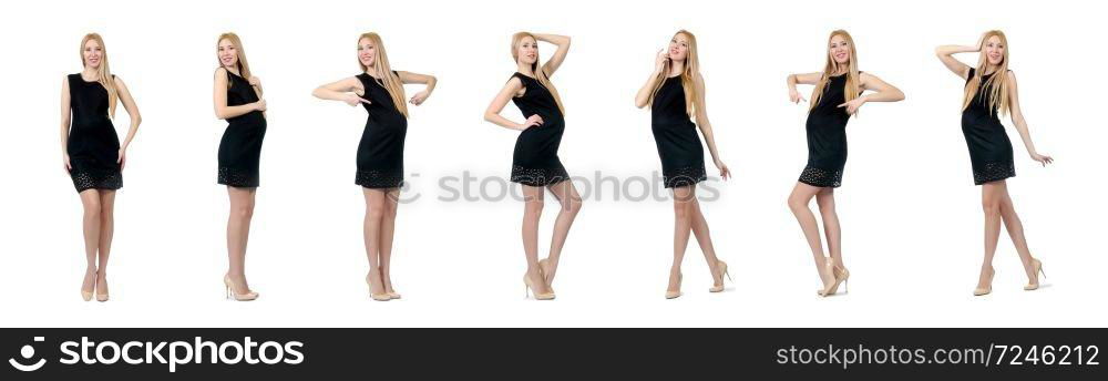 Pretty pregnant woman in mini black dress isolated on white