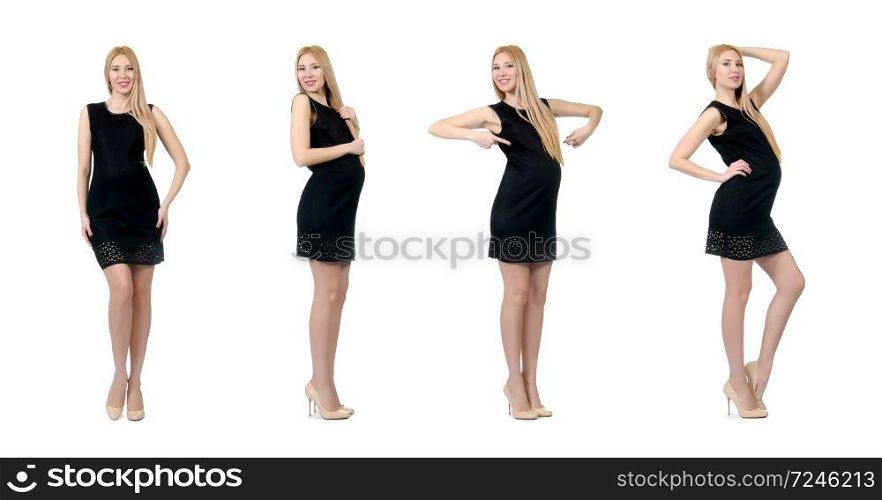 Pretty pregnant woman in mini black dress isolated on white